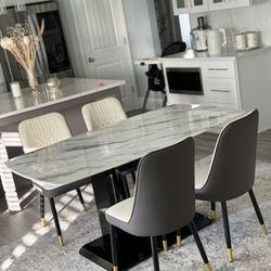 Dining Table Chairs Set of 4, White Faux Marble Pattern Table with 4 Modern Dining Chairs Suitable for Kitchen Dining 