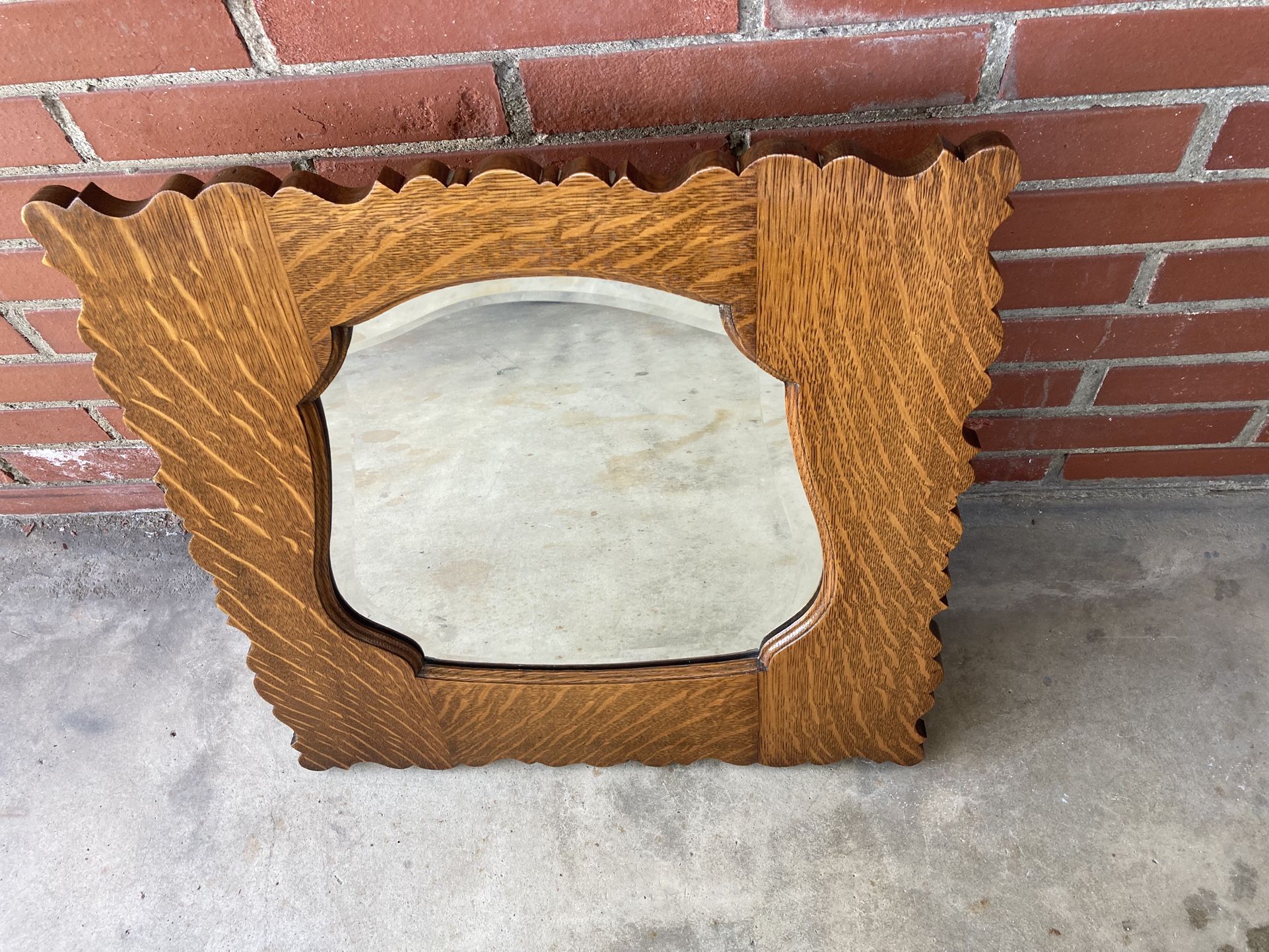 Antique Large Oak Beveled Mirror With Easel Back