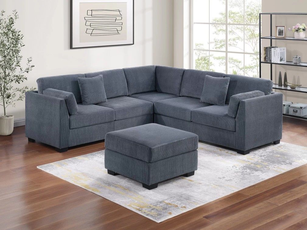 Brand New Grey Corduroy Sectional Sofa w Ottoman 