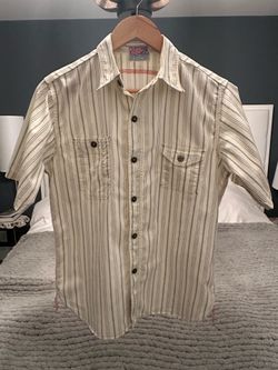 Sugar Cane & Co. Men’s Striped Short Sleeve Button-Up Shirt Size M Cream Blue Japanese Workwear