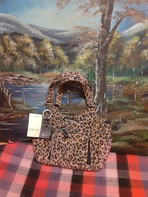 St. John's Bay Leopard print small handbag Purse with Black Leather Key Tag JCPenney Exclusive NWT $15