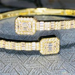 925 Sterling Silver Women Men's Baguette Tennis Link Bracelet, 14K Gold 5X Layered Cuban Bracelet, Bling Bracelet, Diamond Bracelet