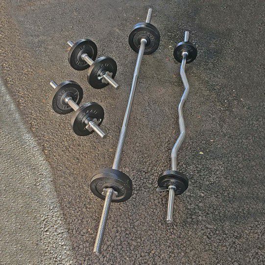 Home Gym Set- Standard Weights, Dumbbells, Straight Bar and Curl Bar (brand New)