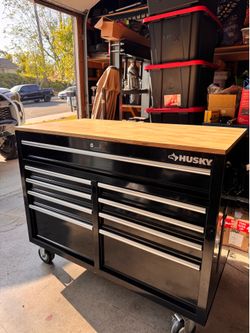 Husky 46” Mobile Workbench Tool Box w/ Hardwood Top & Built-In Power Strip