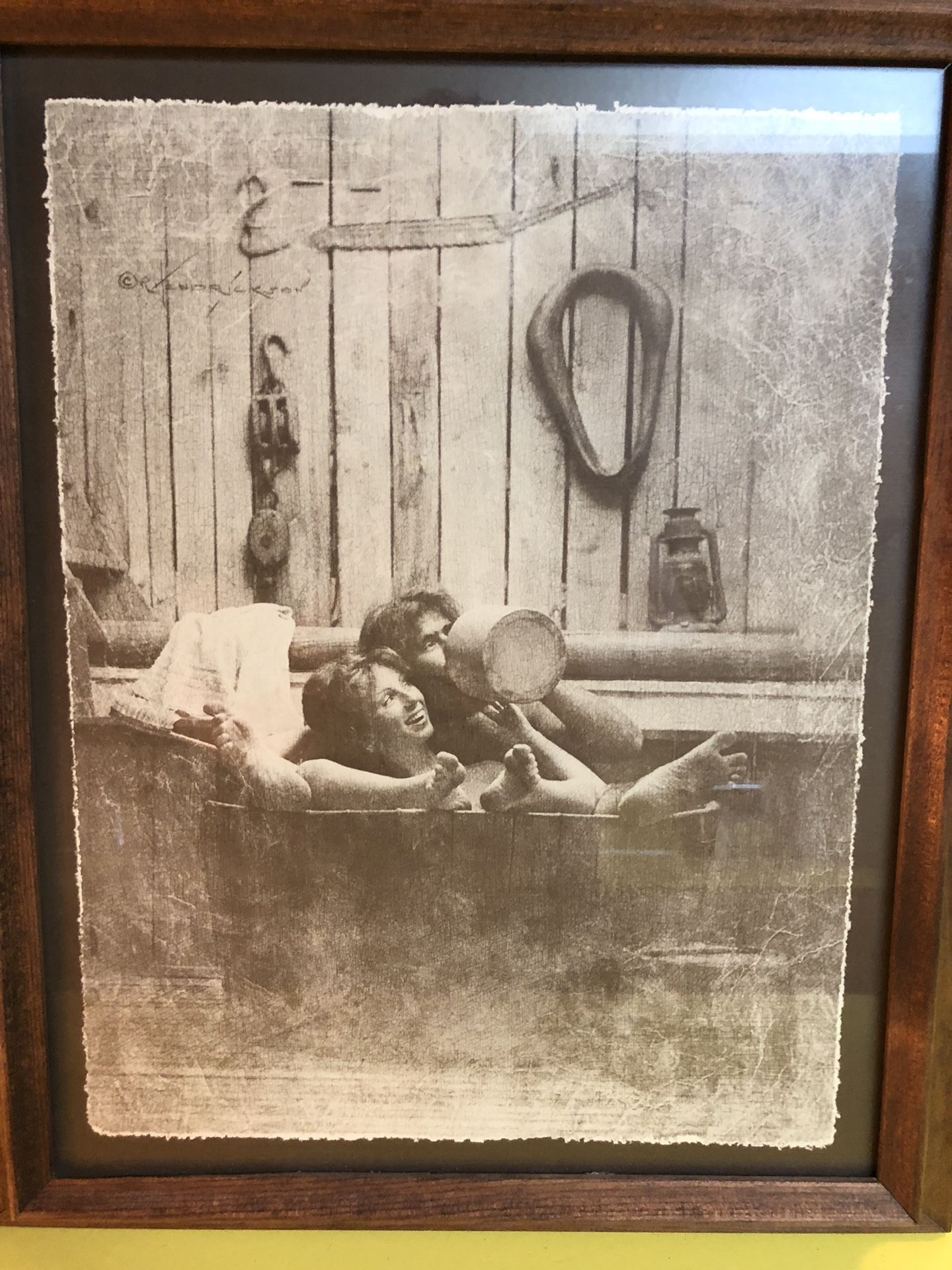 R Hendrickson vintage framed print couple in tub collectible 1970s original