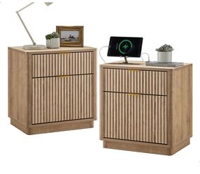 E68+E68 $180  set of 2 23'' Fluted Nightstand with Charging Station, Large 2 Drawer Bedside Table, Modern End Table with Storage, Mid Century Night St