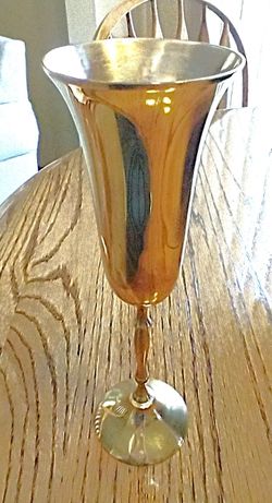 brass wine goblet or chalice, solid brass with silver plated interior, 2.75” diameter x 9 “ high--