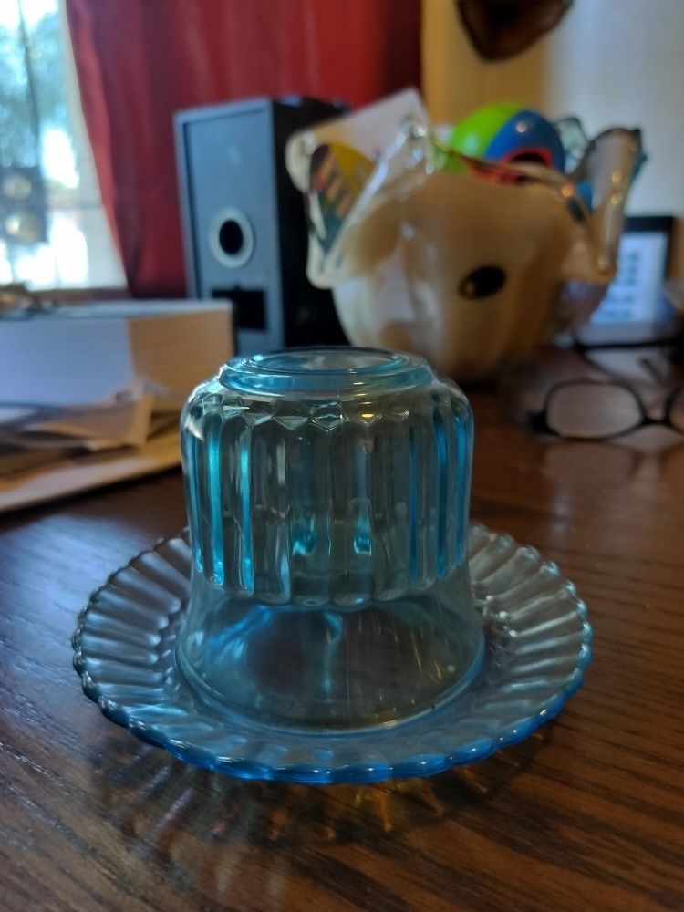 Blue Azure Glass Forte Crisa Mexico Ribbed 1 Cup Saucer Signed Turquoise
