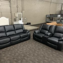 Black Leather Reclining Sofa Set 