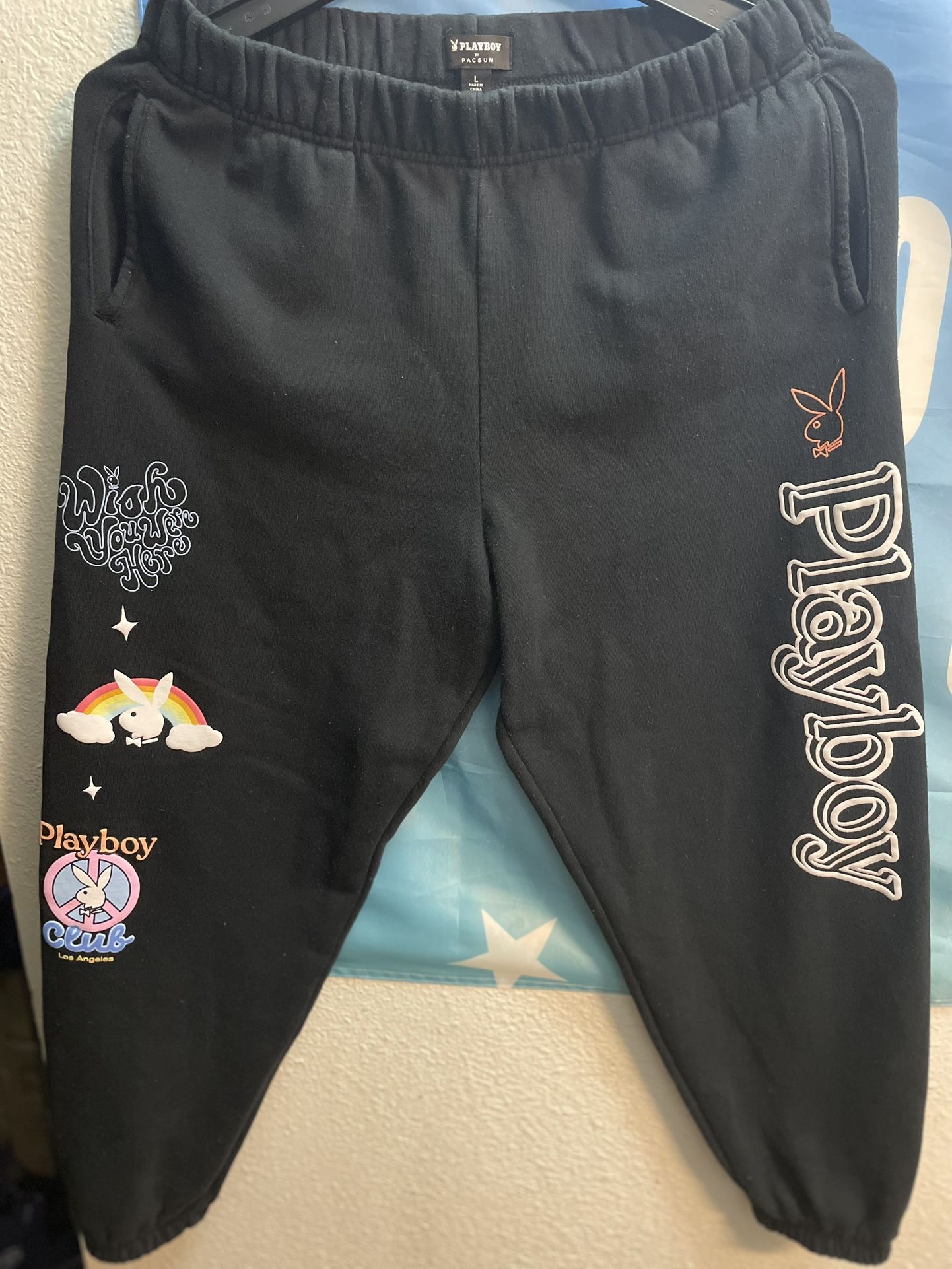 Playboy by Pacsun Womens L Black Puff Paint Print Joggers