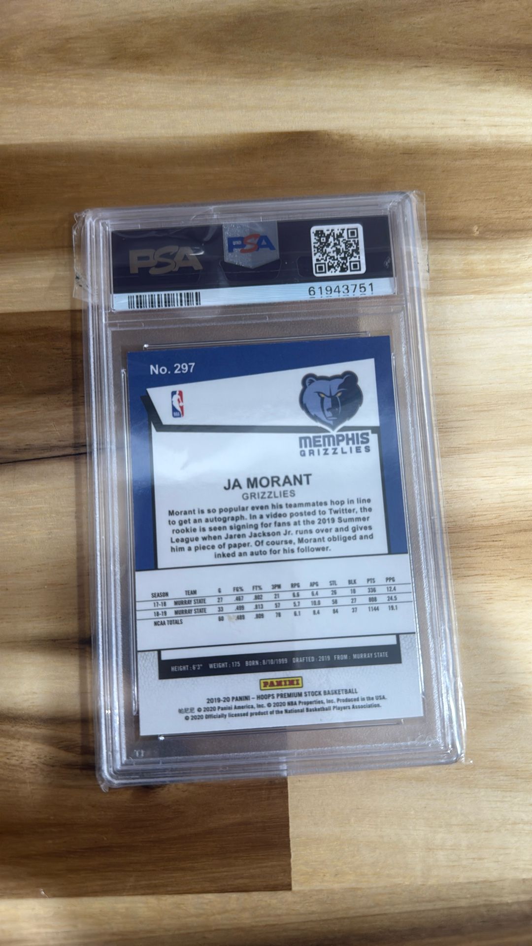 2019 HOOPS PREMIUM JA MORANT RC PSA 10