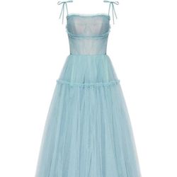 Blue A-line Ocean Wave Tie-straps tulle long prom dress