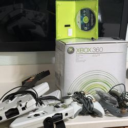 Xbox Console With Rockband Game And Guitar Controllers