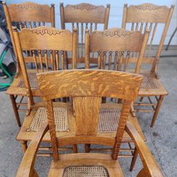 6 Oak & Cane Seats Dining Chairs - Hardwood