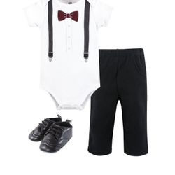 Hudson Baby Infant Boy Cotton Bodysuit, Pant and Shoe Set, Burgundy Black Bow Tie, 9-12 Months