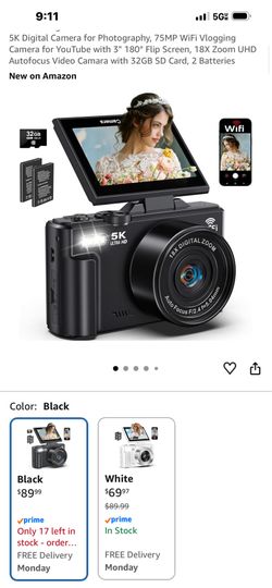 5K Digital Camera for Photography, 75MP WiFi Vlogging Camera for YouTube with 3" 180° Flip Screen