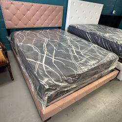 Queen bed frame pink with mattress set