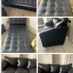 Living Room Set $179 🛋🍀🛋🖼 Sofa, Chaise, Wall art. House And Office Furniture, Black Sofa, Leather,