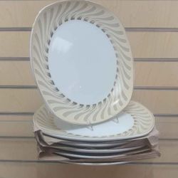 6pc _ Porcelain Dinner Plates set _ Beige / Gold ( NEW ) dinnerware, kitchenware