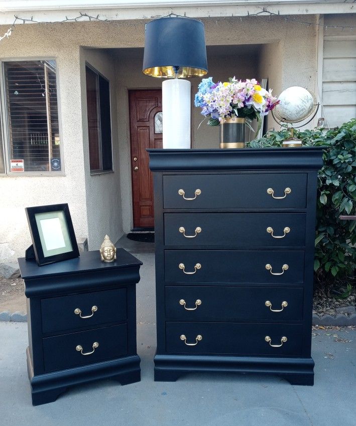 6 Drawer Upright Dresser With 3 Drawer Nightstand - Black With Gold 