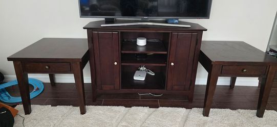 Dark Wood TV Stand with Two End Tables