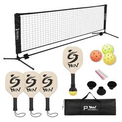 NQV Pickleball Set with Net, 10FT Half Court Size Pickleball Net Portable Outdoor Indoor Driveway Home+4 Wood Paddles+4 Pickle Balls+4 Ball Retrievers