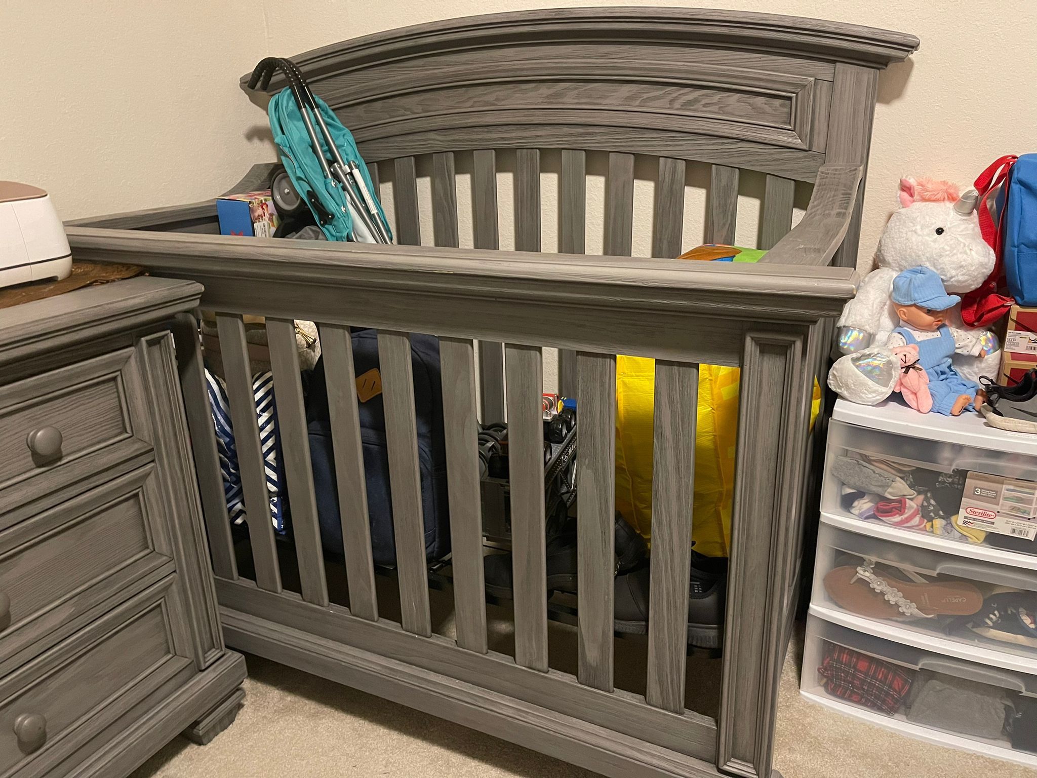 Gray Baby Crib & Dresser 