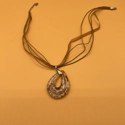Brown Glass Pendant On Matching Ribbon Necklace 