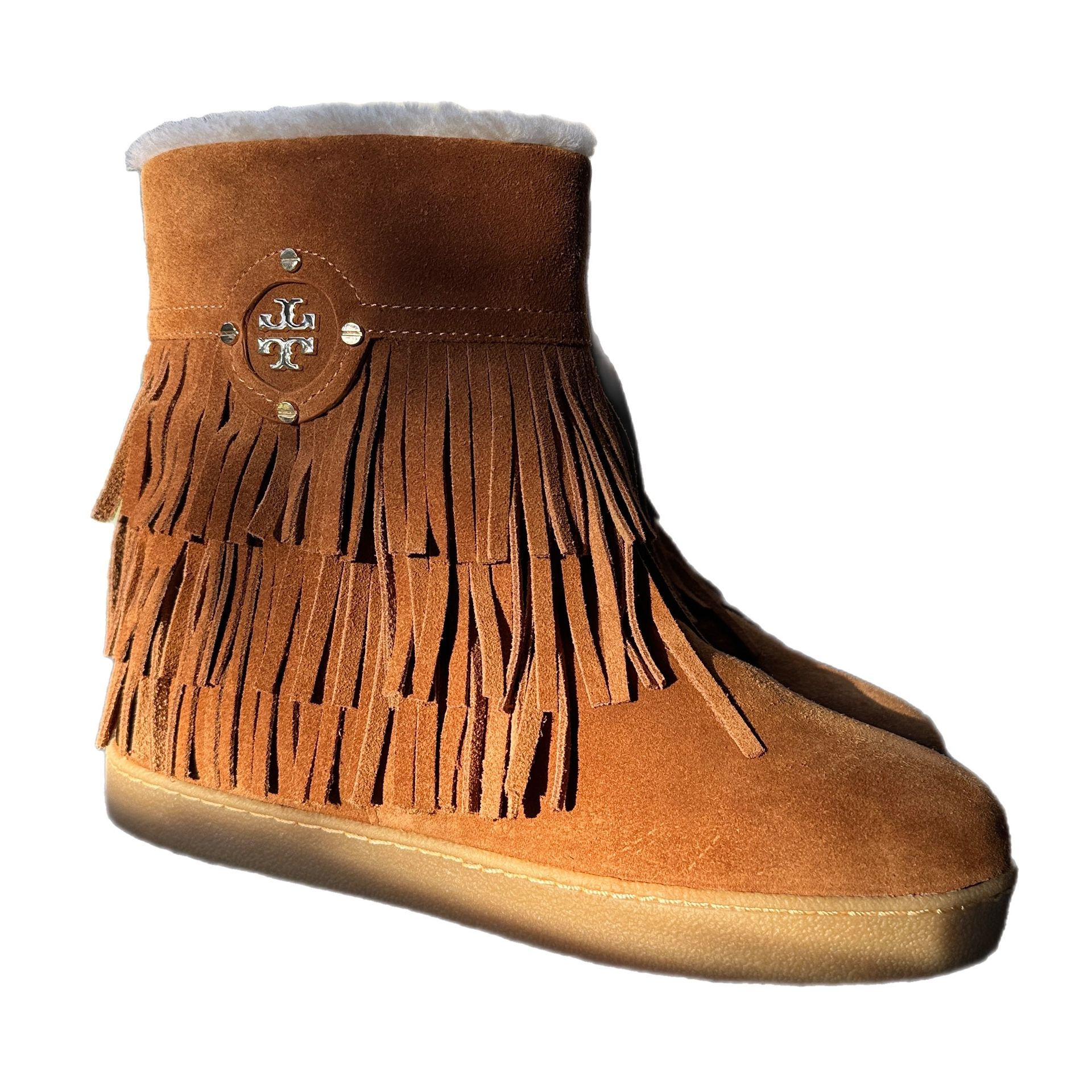 TORY BURCH COLLINS FRINGE BOOTIE HAVANA TAN SIZE 7 (PRE-OWNED)