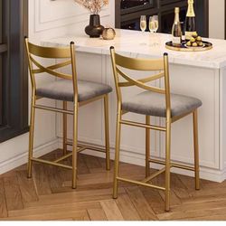 Gaoman Bar Stools, Set of 4, Grey & Gold