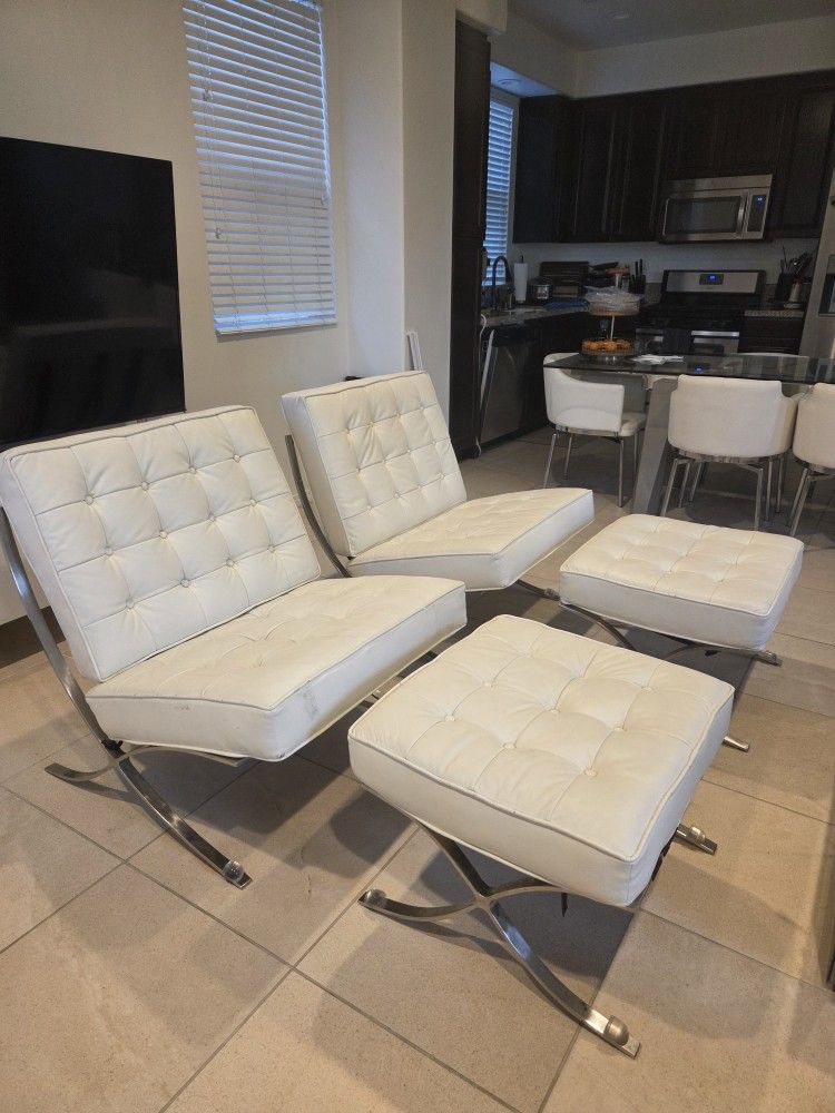 White Barcelona Chairs With Matching Ottomans