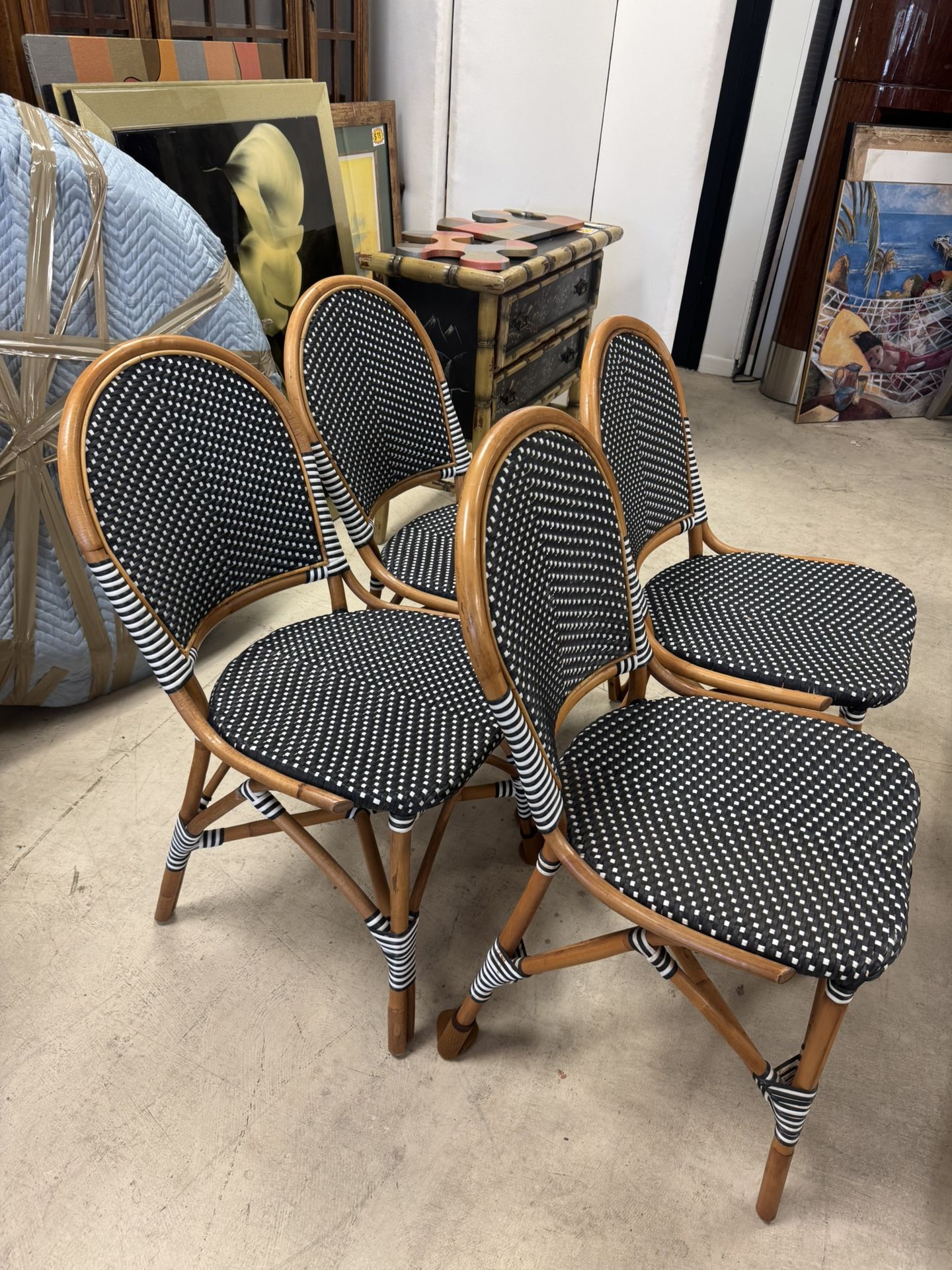 Vintage Boho Woven Resin Rattan Cafe Chairs - Set of 4 - Excellent Condition- Retail: $895
