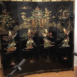 Stunning Elegant Asian Black Lacquer Four Panel Screen With Inlay Gems