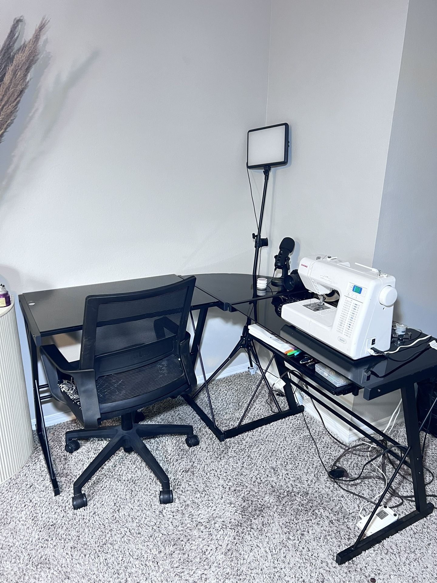 Black -L Shaped - Glass Computer Desk W/ Chair