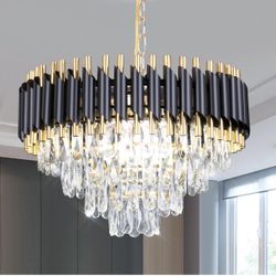 Modern Crystal Chandelier 20" Black Flush Mount LED Crystal Ceiling Light 4 Tiers Raindrop Crystal Pendant Light LED Chandelier