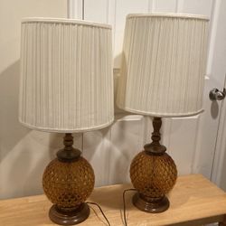 SPECTACULAR PAIR OF ART DECO/MCM AMBER GLASS & WOOD LAMPS W/ METAL ACCENTS & PERIOD SHADES!