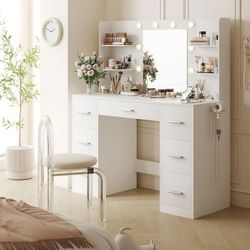 New Large Vanity Desk with LED Lighted Mirror & Power Outlet,Makeup Vanity Table with 7 Drawers,4 Shelves and 5 Hooks, Vanity Table, Vanity Desk Set f