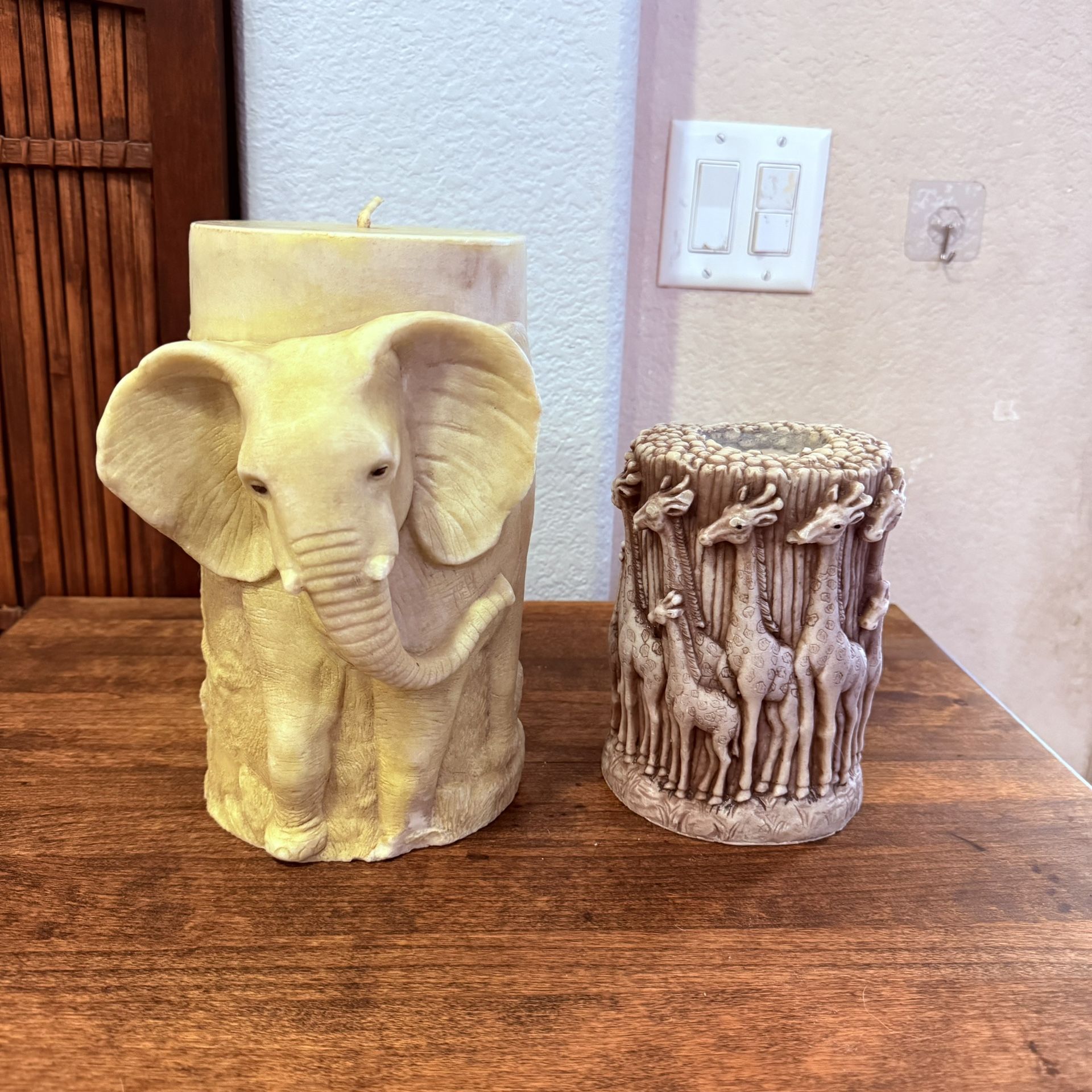 Set of 2 African Wildlife Sculptural Candles • Elephant & Giraffe Relief Carvings