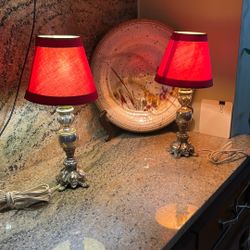 Pair Of Vintage Gilded Brass Table Lamp With Fabric Shades