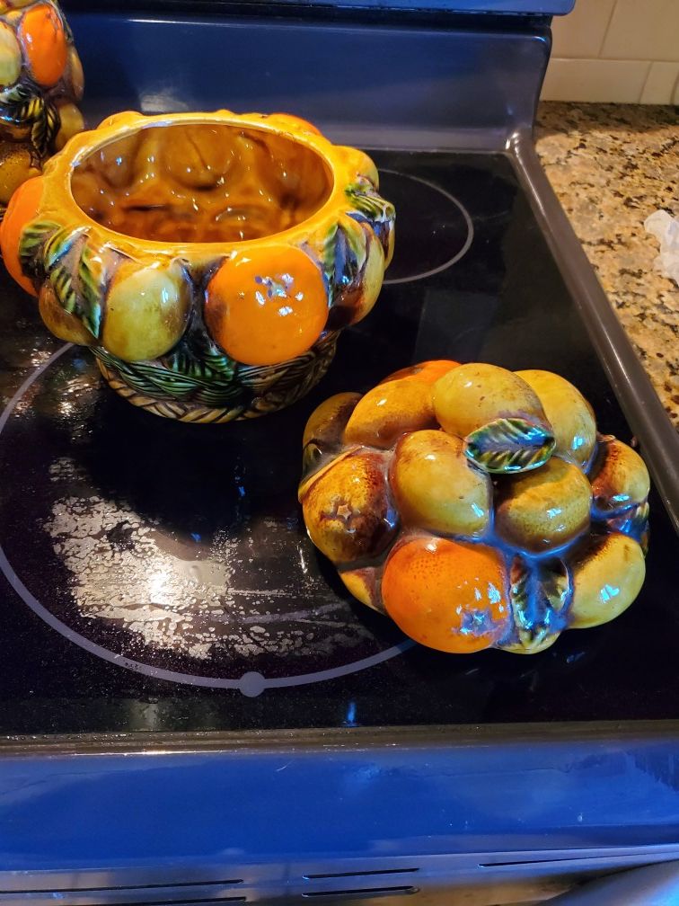 Mid century Inarco orange spice fruit basket cookie jar