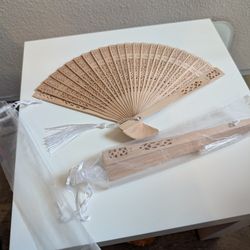 50 Pack Decorative Wood Folding Fans – New with Organza Bags & Tassels