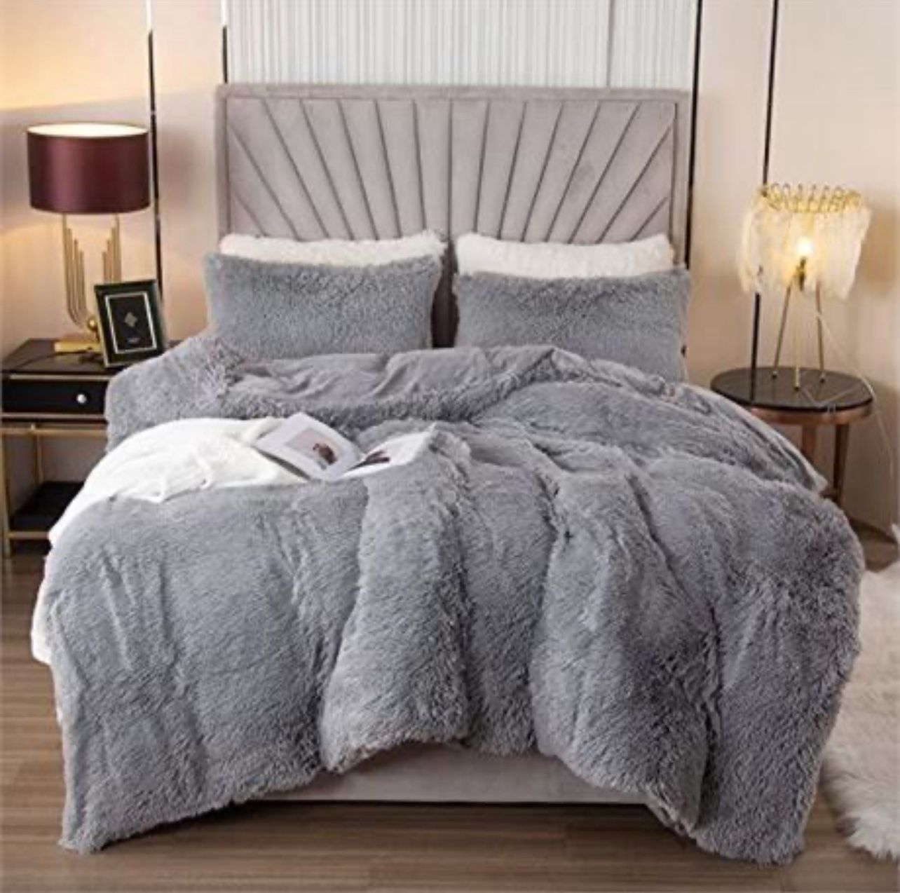 EMME Plush Shaggy Grey Duvet Cover Set Twin Size 2 Pieces Luxury Fuzzy Comf