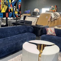 NEW 2 PIECE SOFA LOVESEAT BLUE BUCKLE FABRIC