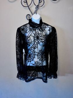 Unique Vintage Halloween Sheer Spiderweb Blouse Sheer New L