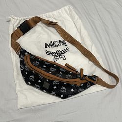 MCM Black Visetos Coated Canvas White Logo Medium Belt Bag 