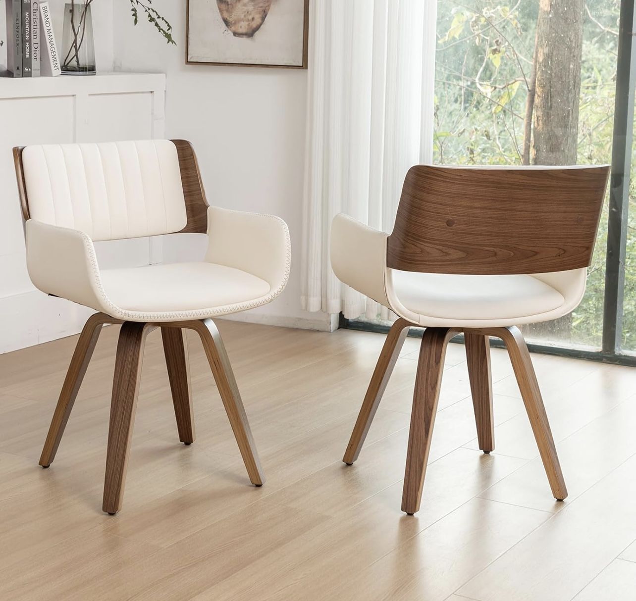 Swivel Accent Faux Leather Dining Chairs Set of 2, Mid Century Modern Chairs with Wooden Legs