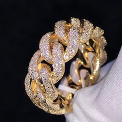 New Size 7 10mm 925S & VVS Moissanite Gold Cuban Link Ring/w/papers 