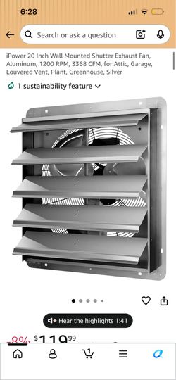 iPower 20 Inch Wall Mounted Shutter Exhaust Fan, Aluminum, 1200 RPM, 3368 CFM, for Attic, Garage, Louvered Vent, Plant, Greenhouse, Silver