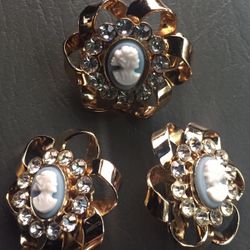 Vintage Jewels By Emmons Cameo Clip On Earrings, And Pendant Brooch.