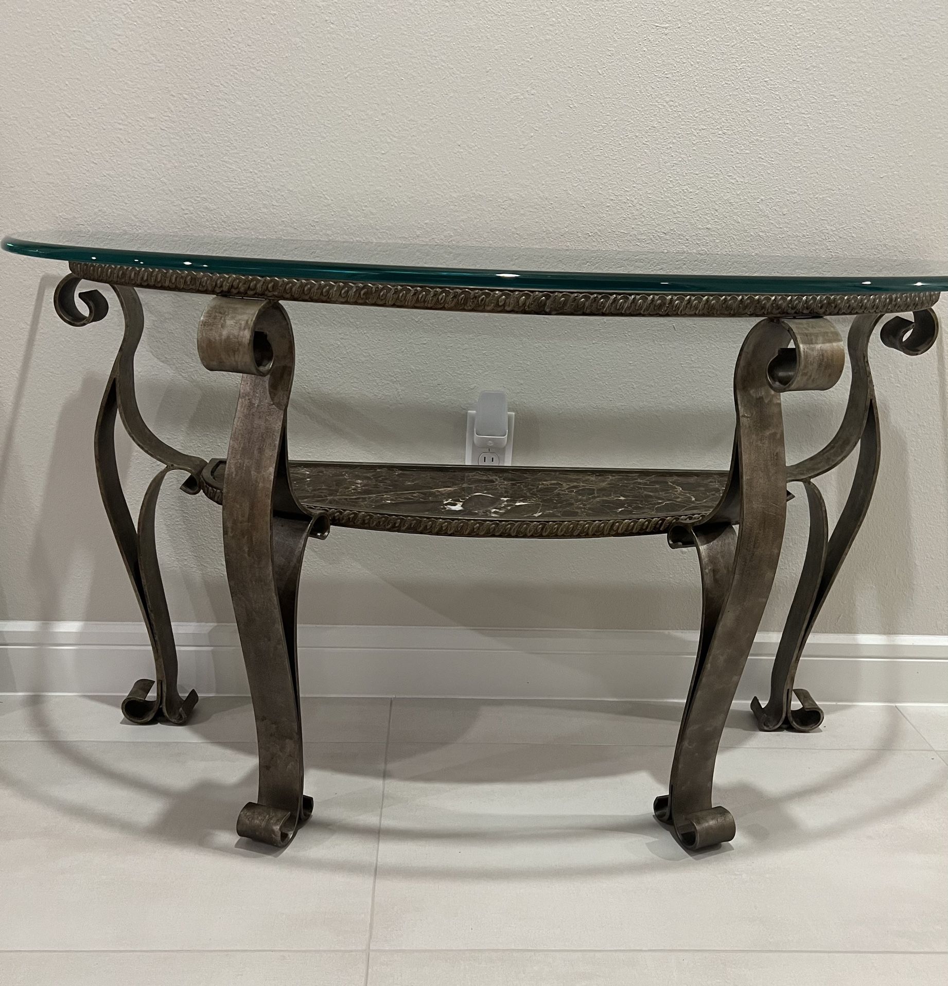 Two Tier Wrought Iron  Base Console Table with Glass Top and Marble.